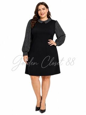 Tommy Hilfiger Black Shift Dress with Polka-Dot Sleeves and Peter Pan Collar 14W
